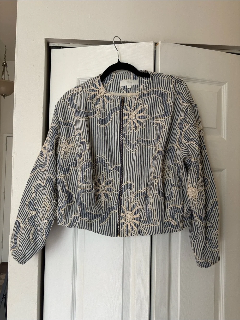 Striped Blue & Cream Floral Embroidered Jacket Zara